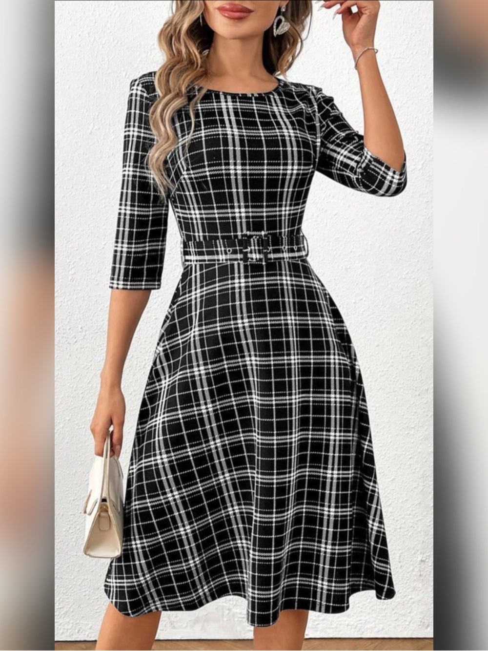 SHEIN Classic Black & White Plaid Belted A-Line Dress